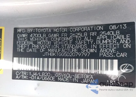 2013 Lexus Es 350 z USA, uszkodzony, nr VIN JTHBK1GG5D2079797